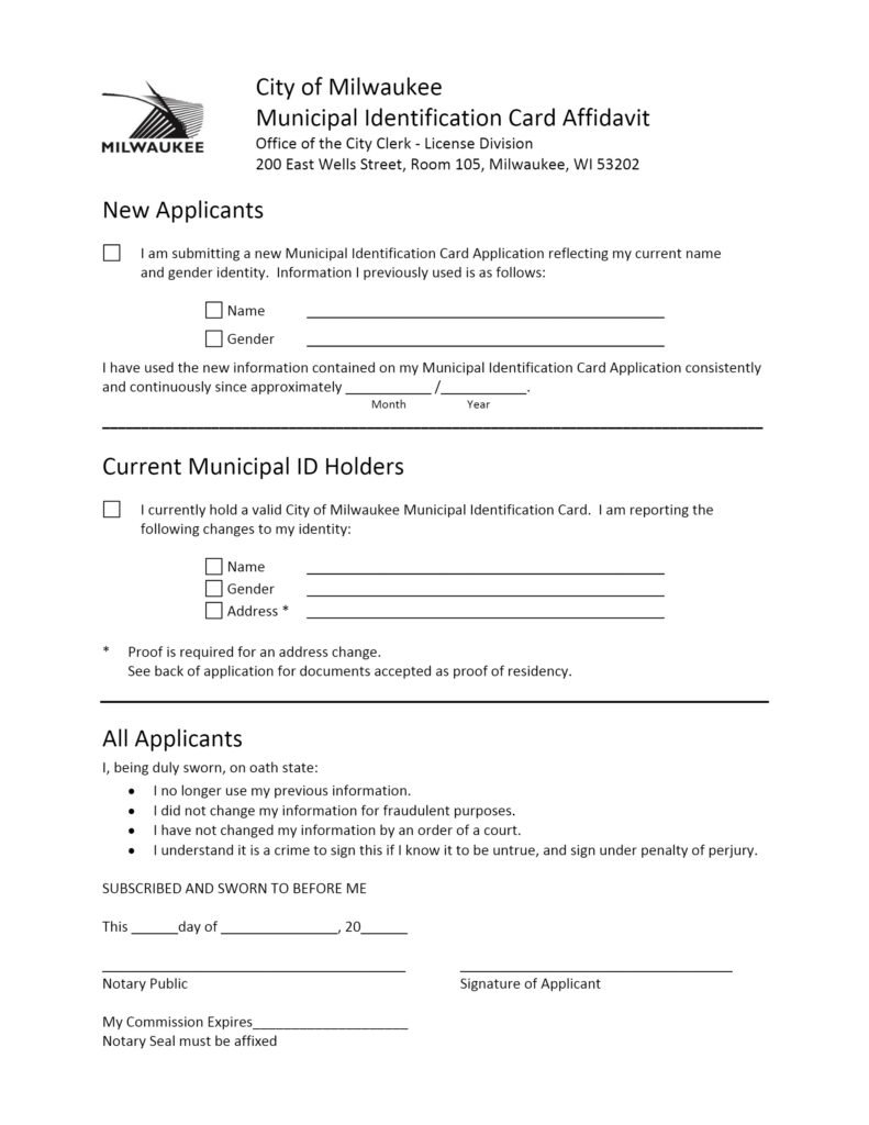 Milwaukee Municipal ID Affidavit Application Form Notarization